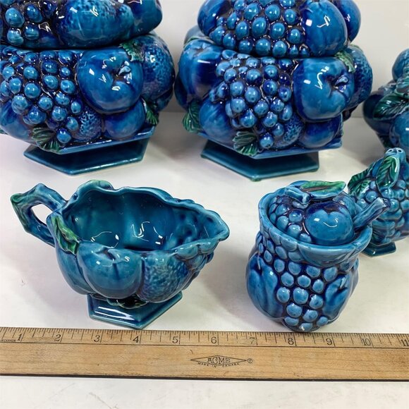 1960'S Inarco ‘Blue Mood Indigo’ Fruit Canister Set W/ Creamer, Sugar & Shakers - Picture 2 of 16